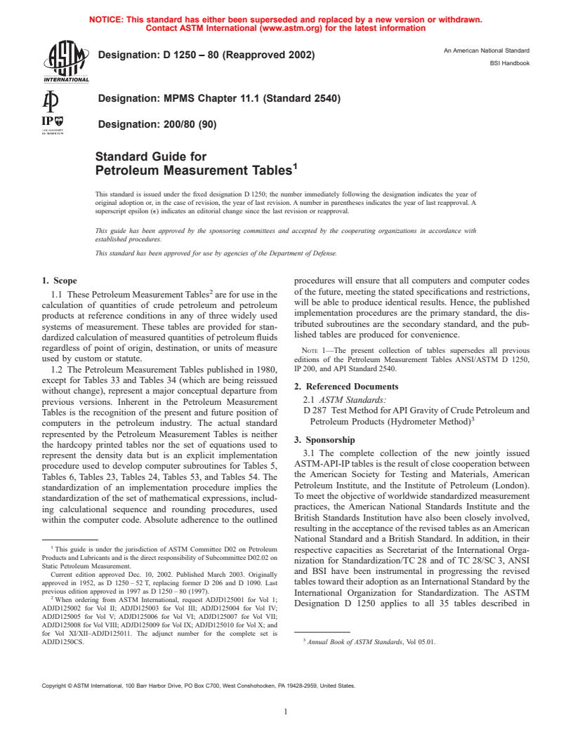 ASTM D1250-80(2002) - Standard Guide for Petroleum Measurement Tables