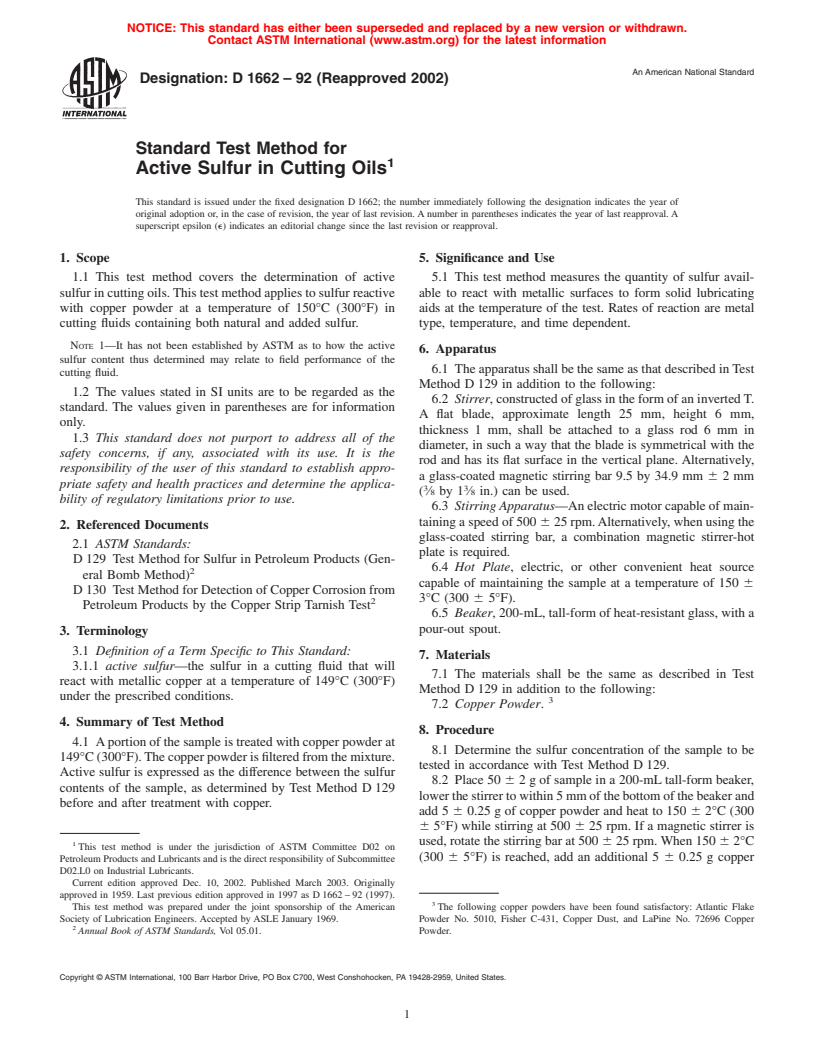 ASTM D1662-92(2002) - Standard Test Method for Active Sulfur in Cutting Oils