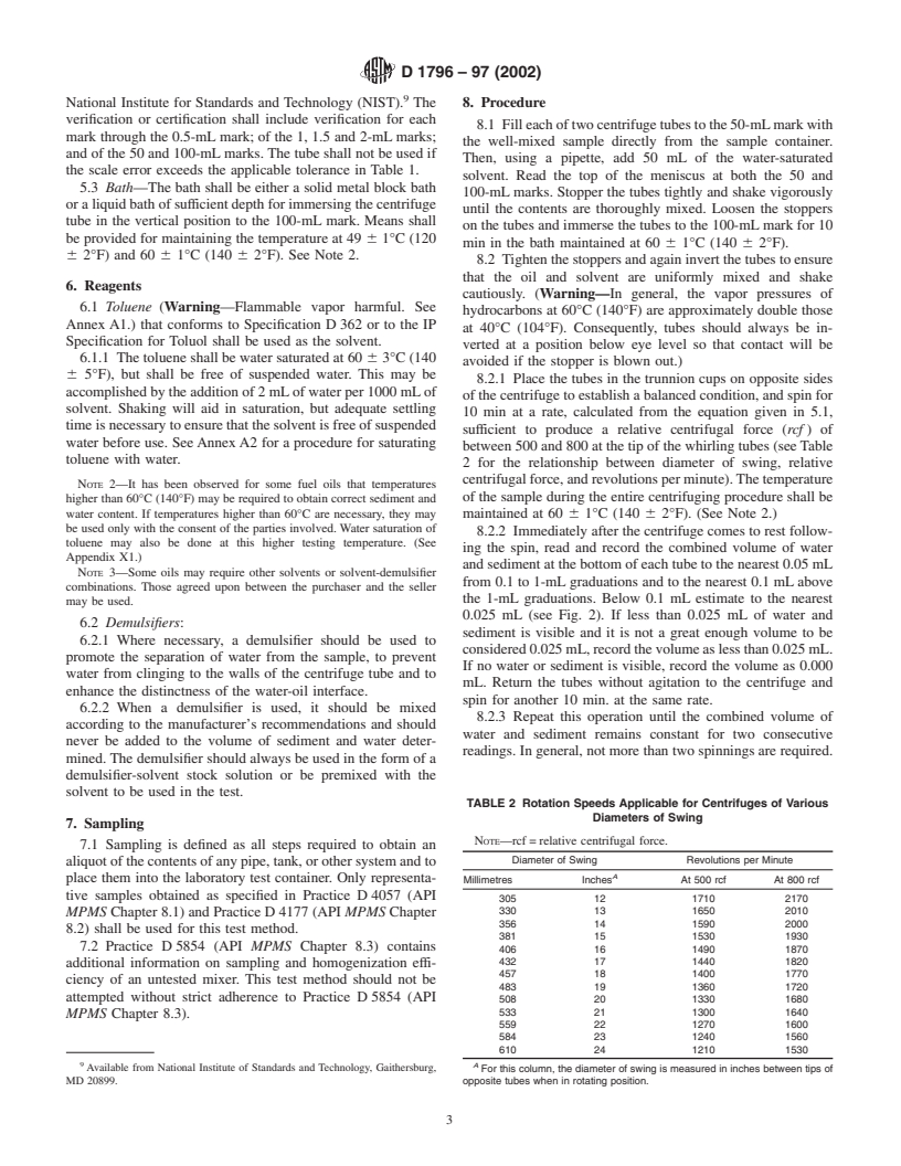 ASTM D1796-97(2002) - Standard Test Method for Water and Sediment in Fuel Oils by the Centrifuge Method (Laboratory Procedure)