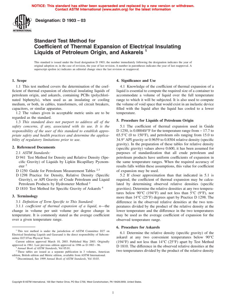 ASTM D1903-03 - Standard Test Method for Coefficient of Thermal Expansion of Electrical Insulating Liquids of Petroleum Origin, and Askarels