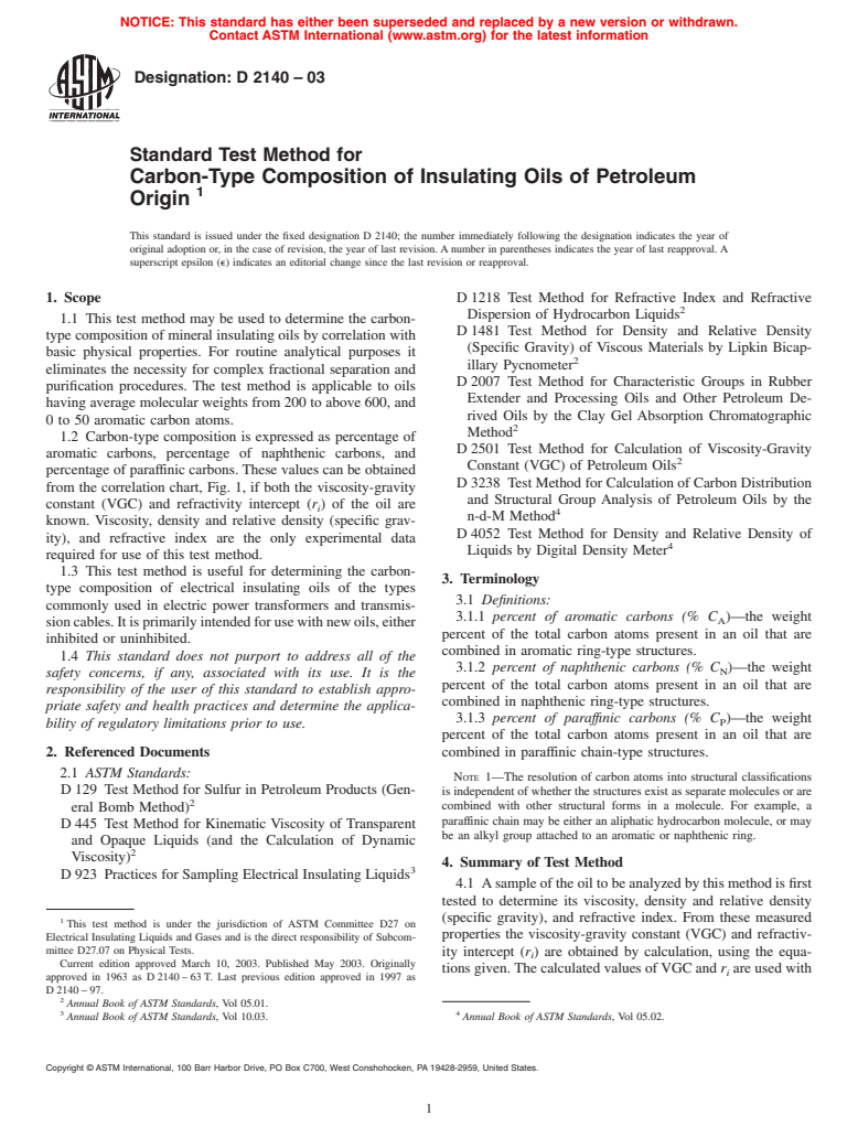 ASTM D2140-03 - Standard Test Method for Carbon-Type Composition of Insulating Oils of Petroleum Origin