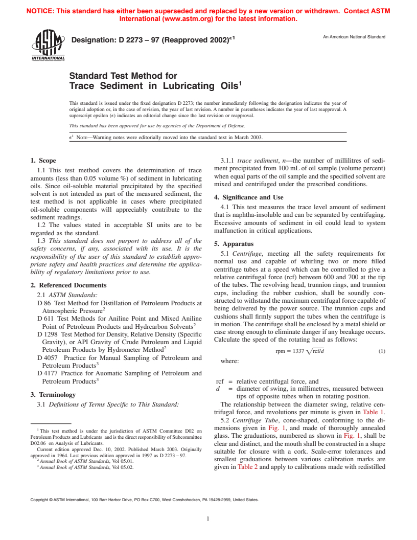 ASTM D2273-97(2002)e1 - Standard Test Method for Trace Sediment in Lubricating Oils