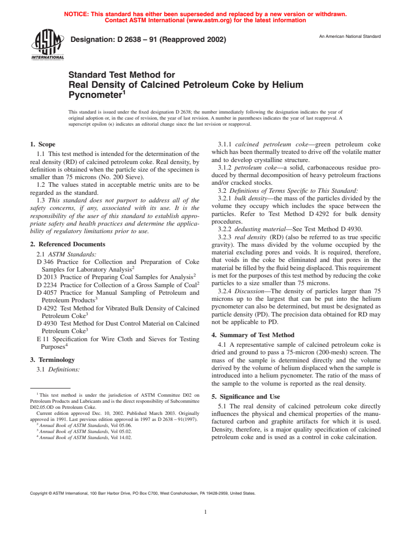 ASTM D2638-91(2002) - Standard Test Method for Real Density of Calcined Petroleum Coke by Helium Pycnometer