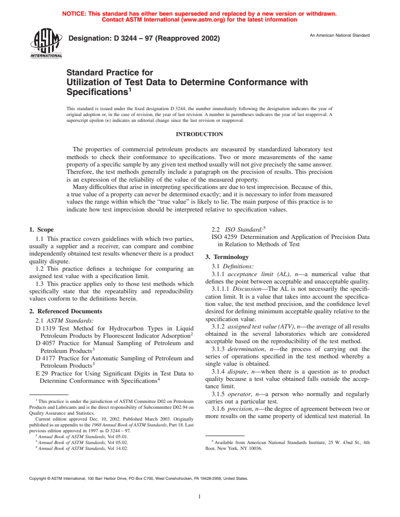 ASTM D3244-97(2002) - Standard Practice for Utilization of Test Data to Determine Conformance with Specifications