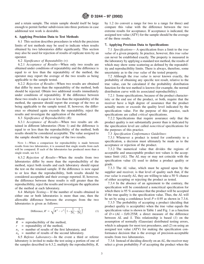 ASTM D3244-97(2002) - Standard Practice for Utilization of Test Data to Determine Conformance with Specifications