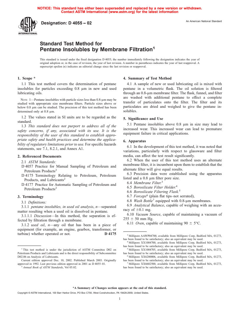 ASTM D4055-02 - Standard Test Method for Pentane Insolubles by Membrane Filtration