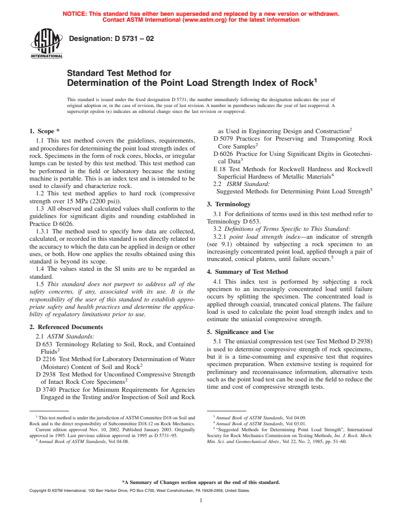 ASTM D5731-02 - Standard Test Method for Determination of the Point Load Strength Index of Rock