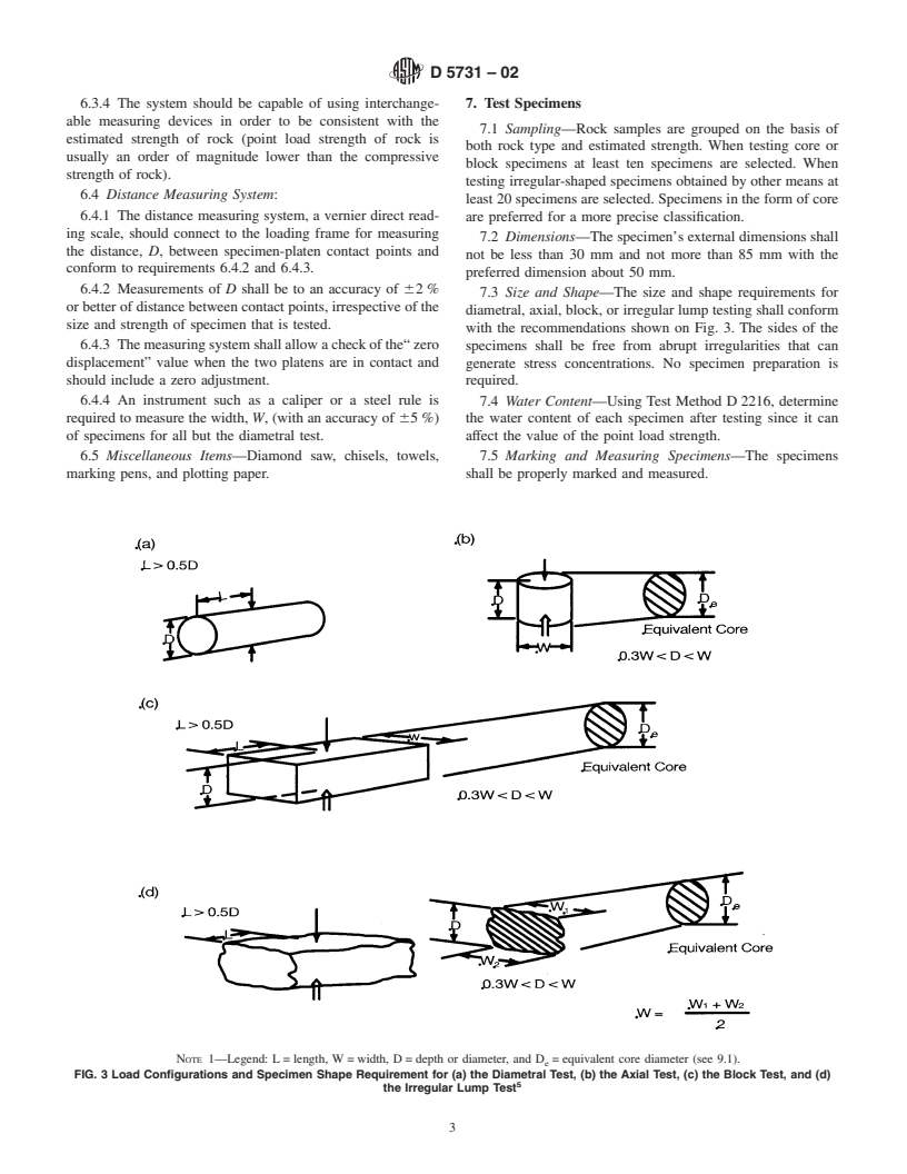 ASTM D5731-02 - Standard Test Method for Determination of the Point Load Strength Index of Rock