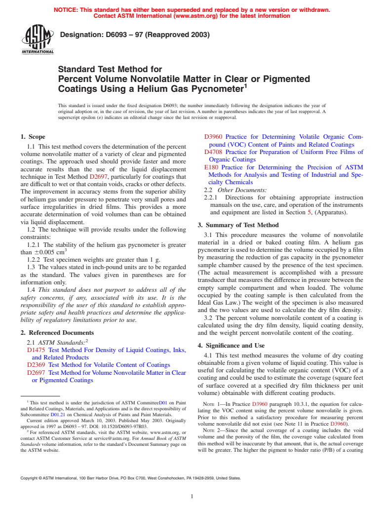 ASTM D6093-97(2003) - Standard Test Method for Percent Volume Nonvolatile Matter in Clear or Pigmented Coatings Using a Helium Gas Pycnometer