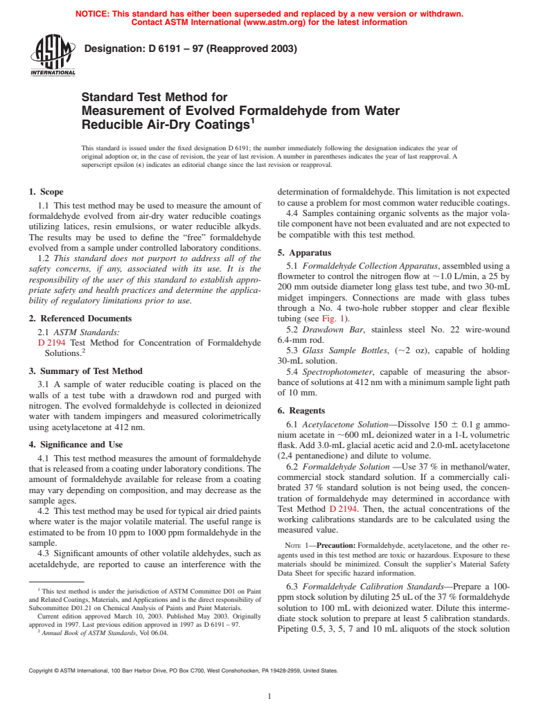 ASTM D6191-97(2003) - Standard Test Method for Measurement of Evolved Formaldehyde from Water Reducible Air-Dry Coatings