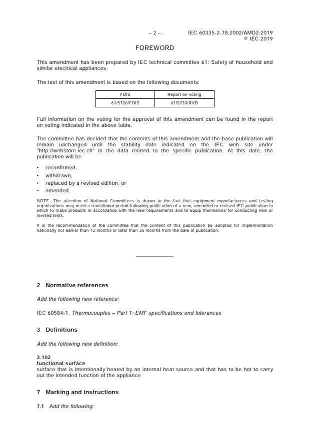 IEC 60335-2-78:2002/AMD2:2019 IEC 60335-2-78:2002/AMD2:2019 - Amendment 1 - Household and similar electrical appliances - Safety - Part 2-78: Particular requirements for outdoor barbecues - Page 4 preview