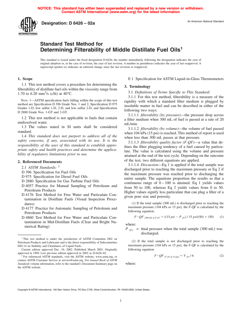 ASTM D6426-02a - Standard Test Method for Determining Filterability of Distillate Fuel Oils