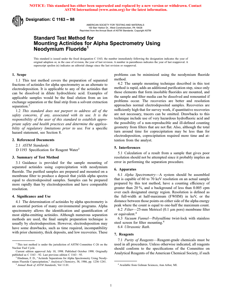 ASTM C1163-98 - Standard Test Method for Mounting Actinides for Alpha Spectrometry Using Neodymium Fluoride