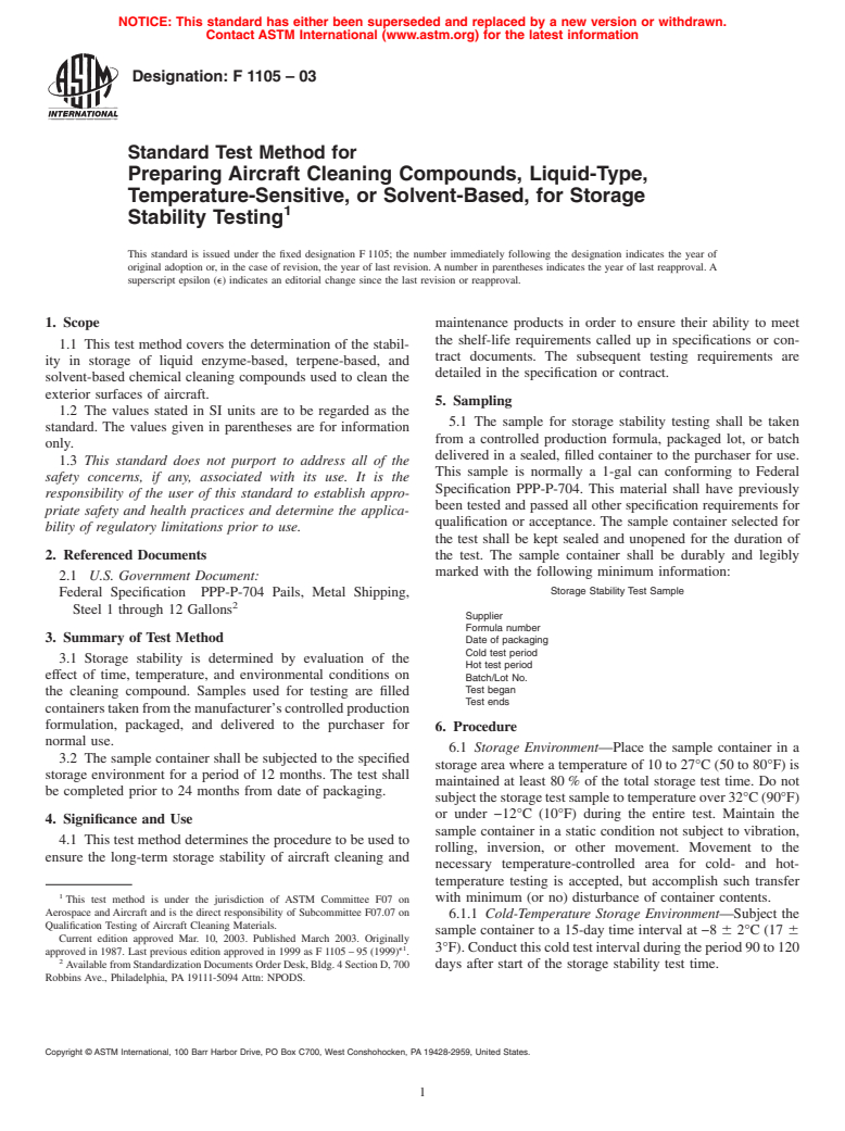 ASTM F1105-03 - Standard Test Method for Preparing Aircraft Cleaning Compounds, Liquid-Type, Temperature-Sensitive, or Solvent-Based, for Storage Stability Testing