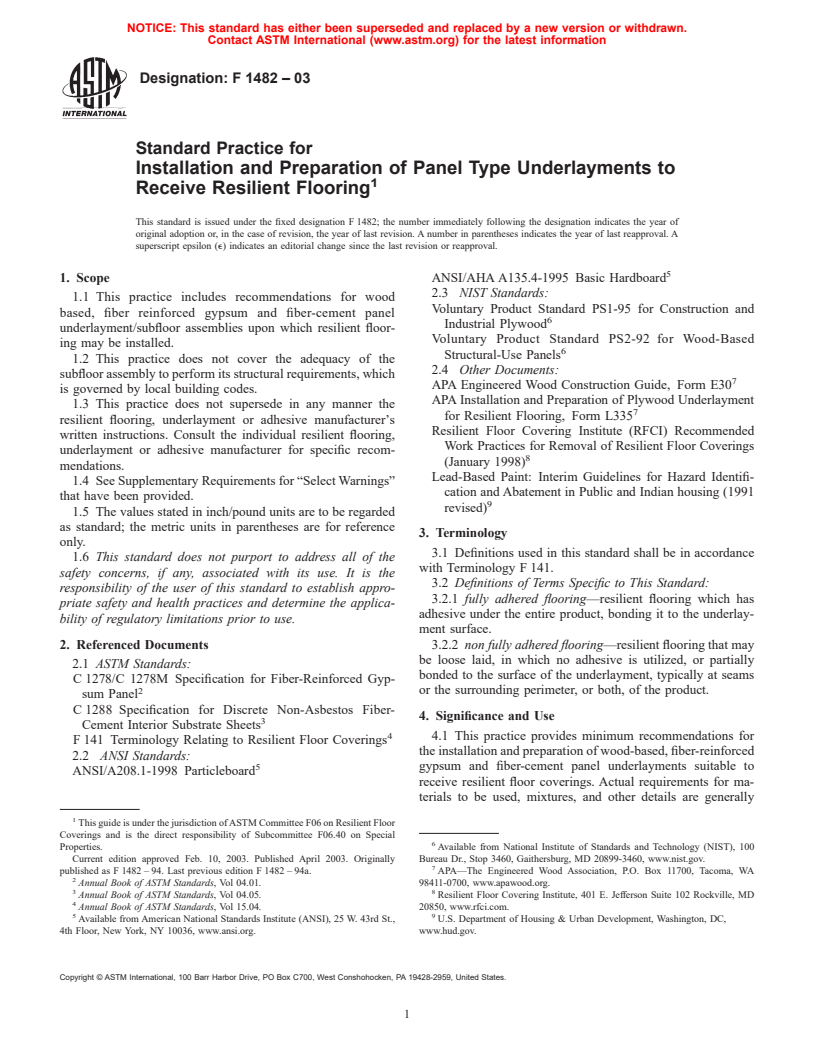 ASTM F1482-03 - Standard Practice for Installation and Preparation of Panel Type Underlayments to Receive Resilient Flooring