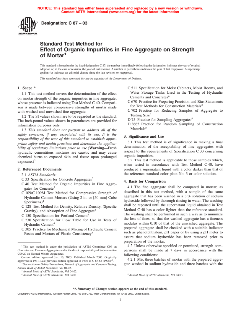 ASTM C87-03 - Standard Test Method for Effect of Organic Impurities in Fine Aggregate on Strength of Mortar