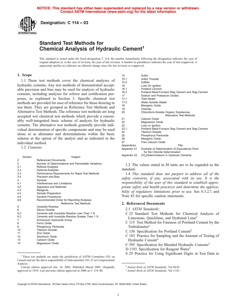 ASTM C114-03 - Standard Test Methods for Chemical Analysis of Hydraulic Cement