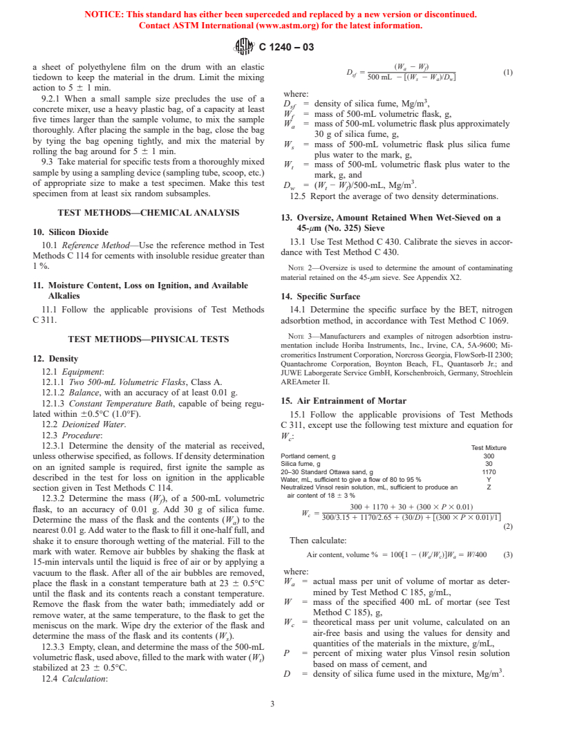 ASTM C1240-03 - Standard Specification for Use of Silica Fume for Use as a Mineral Admixture in Hydraulic-Cement Concrete, Mortar, and Grout