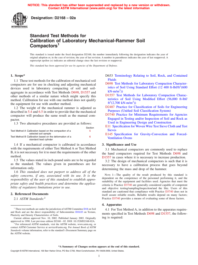 ASTM D2168-02a - Standard Test Methods for Calibration of Laboratory Mechanical-Rammer Soil Compactors