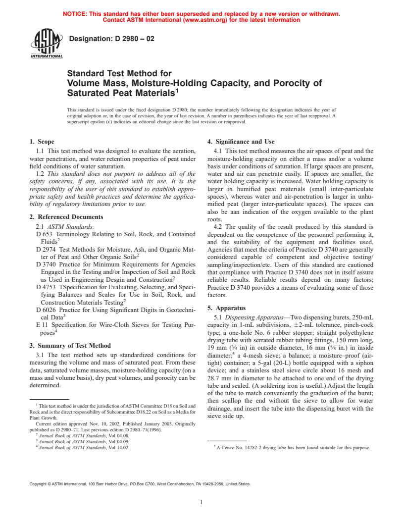 ASTM D2980-02 - Standard Test Method for Volume Weights, Water-Holding Capacity, and Air Capacity of Water-Saturated Peat Materials