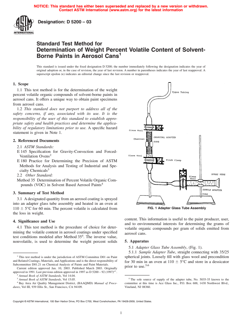 ASTM D5200-03 - Standard Test Method for Determination of Weight Percent Volatile Content of Solvent-Borne Paints in Aerosol Cans