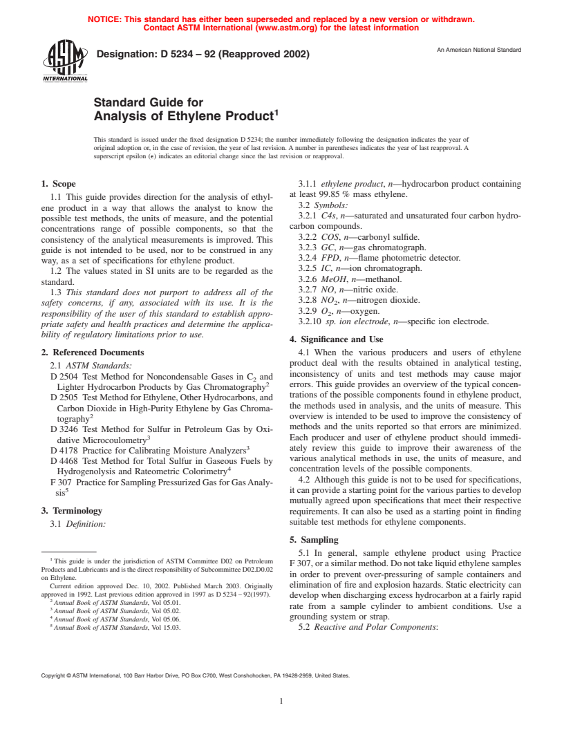 ASTM D5234-92(2002) - Standard Guide for Analysis of Ethylene Product