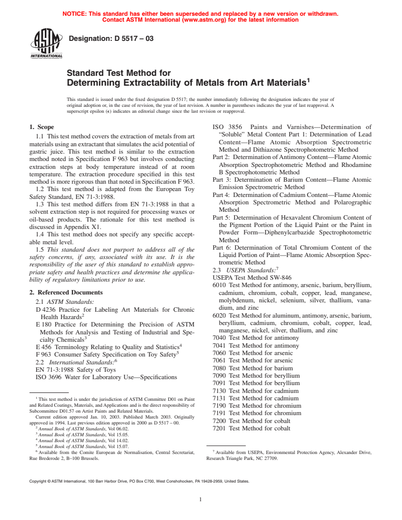 ASTM D5517-03 - Standard Test Method for Determining Extractability of Metals from Art Materials