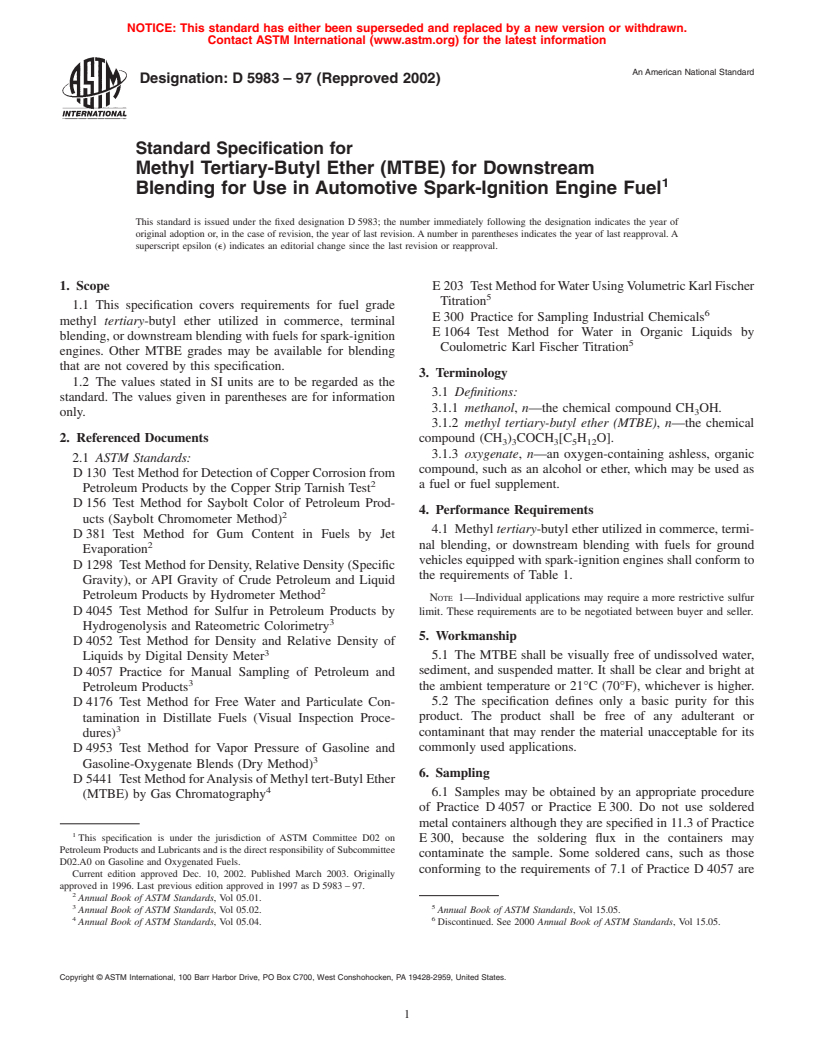 ASTM D5983-97(2002) - Standard Specification for Methyl <I>Tertiary</I>-Butyl Ether (MTBE) for Downstream Blending for Use in Automotive Spark-Ignition Engine Fuel