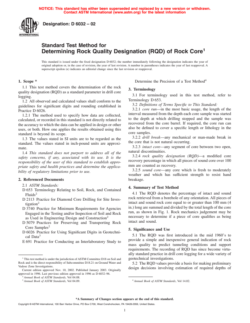 ASTM D6032-02 - Standard Test Method for Determining Rock Quality Designation (RQD) of Rock Core