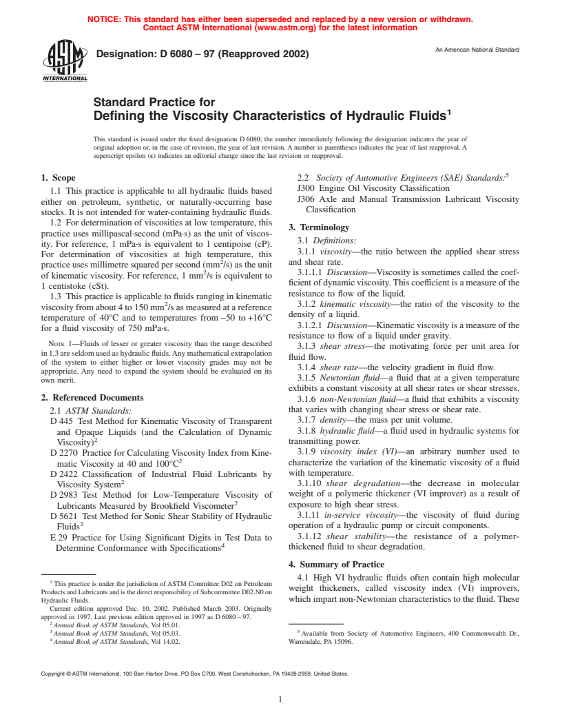 ASTM D6080-97(2002) - Standard Practice for Defining the Viscosity Characteristics of Hydraulic Fluids