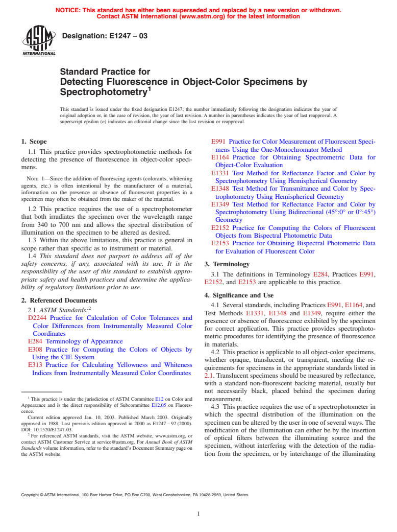 ASTM E1247-03 - Standard Practice for Detecting Fluorescence in Object-Color Specimens by Spectrophotometry (Withdrawn 2012)