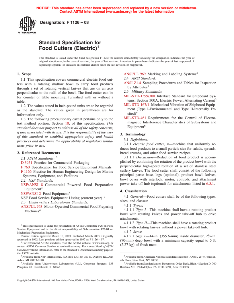 ASTM F1126-03 - Standard Specification for Food Cutters (Electric)