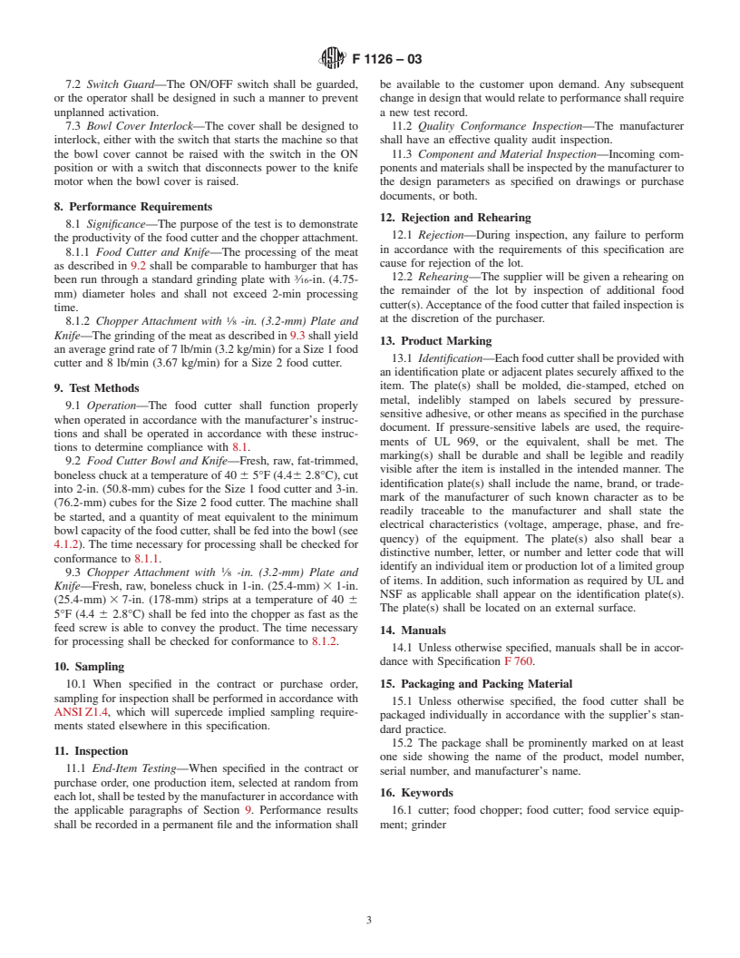 ASTM F1126-03 - Standard Specification for Food Cutters (Electric)