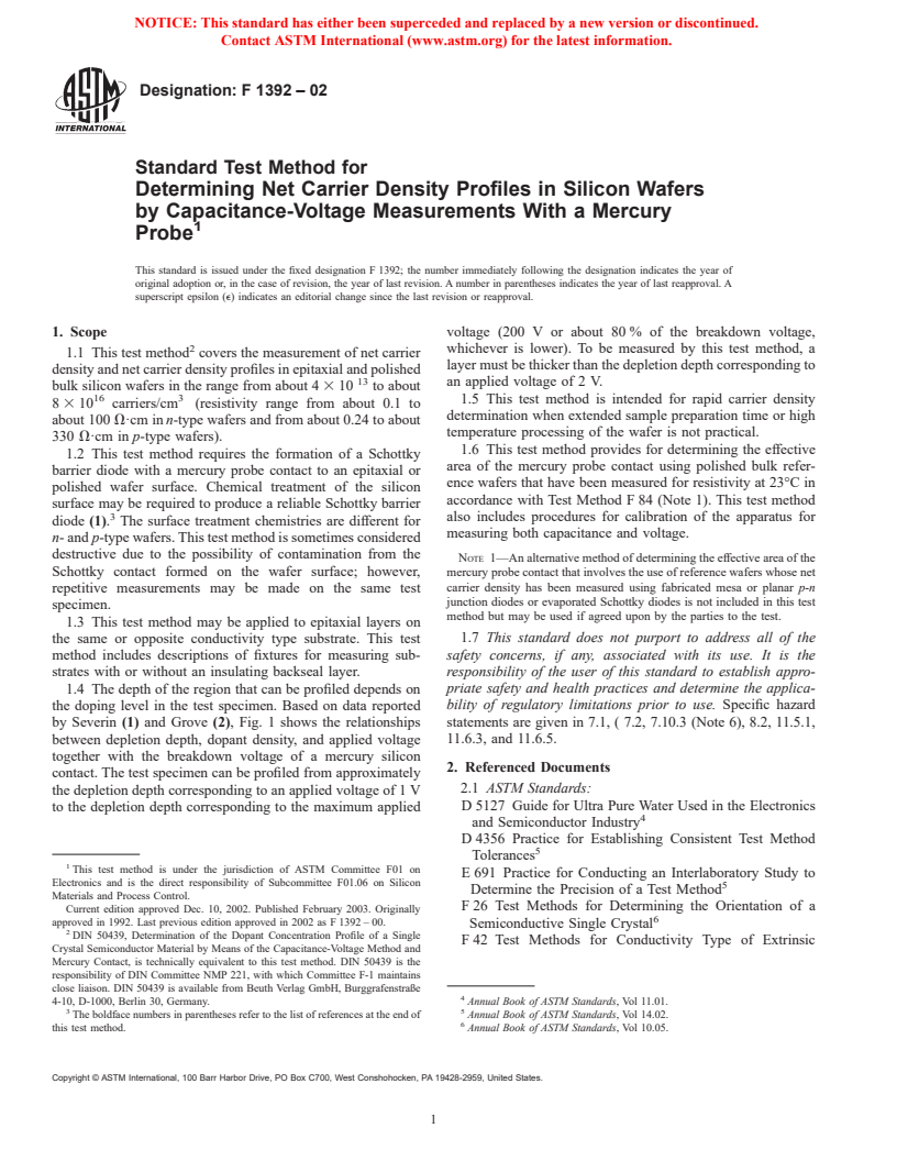 ASTM F1392-02 - Standard Test Method for Determining Net Carrier Density Profiles in Silicon Wafers by Capacitance-Voltage Measurements With a Mercury Probe (Withdrawn 2003)