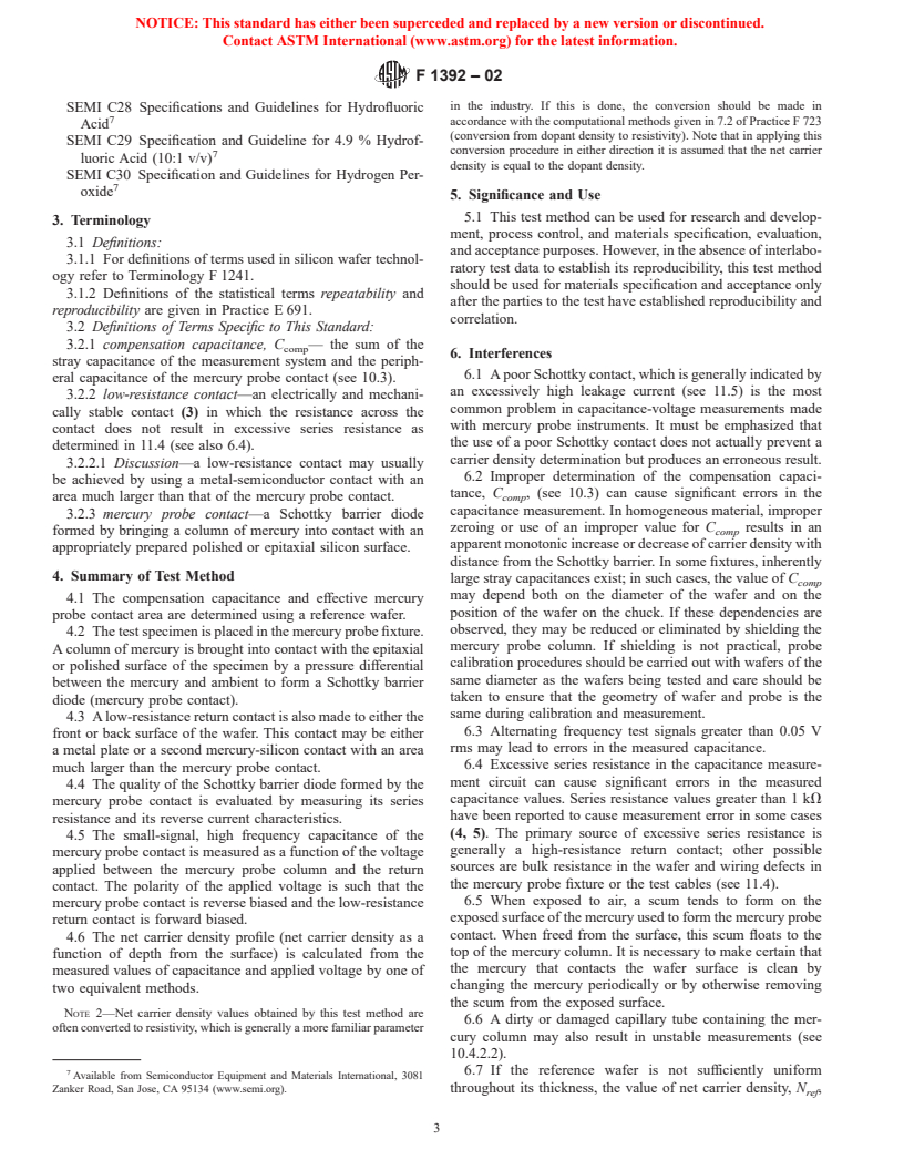 ASTM F1392-02 - Standard Test Method for Determining Net Carrier Density Profiles in Silicon Wafers by Capacitance-Voltage Measurements With a Mercury Probe (Withdrawn 2003)