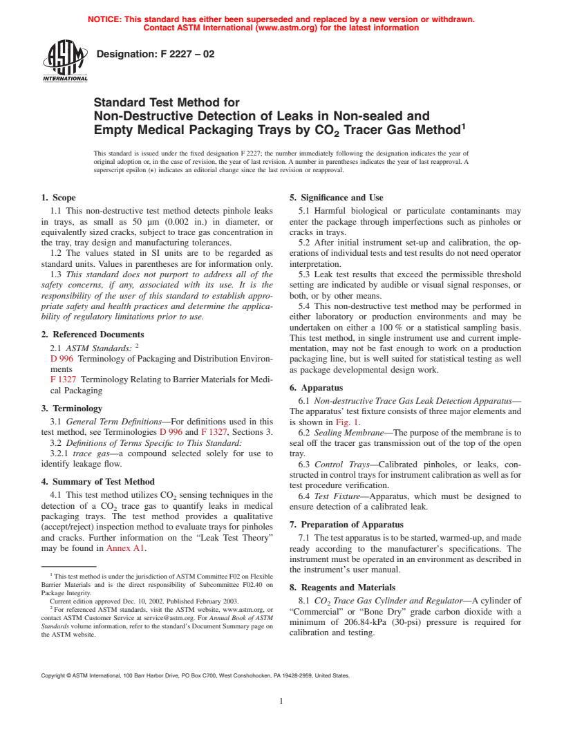 ASTM F2227-02 - Standard Test Method for Non-Destructive Detection of Leaks in Non-sealed and Empty Medical Packaging Trays by CO<sub>2 </sub> Tracer Gas Method