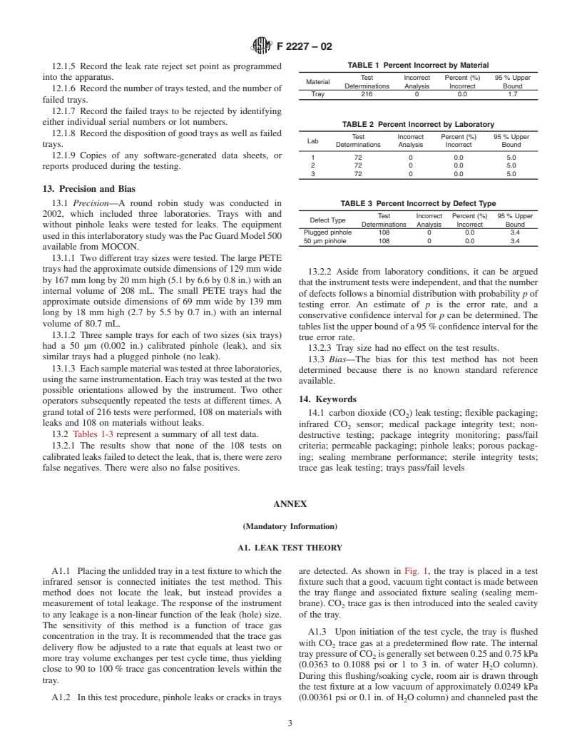 ASTM F2227-02 - Standard Test Method for Non-Destructive Detection of Leaks in Non-sealed and Empty Medical Packaging Trays by CO<sub>2 </sub> Tracer Gas Method