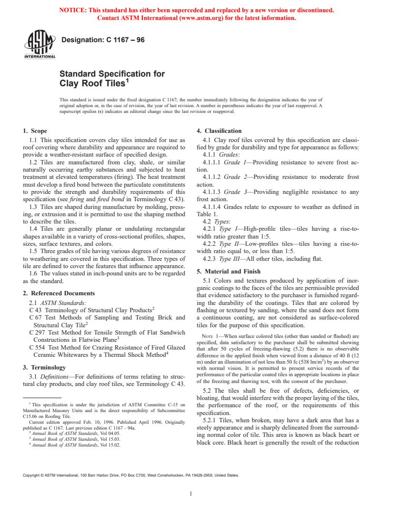 ASTM C1167-96 - Standard Specification for Clay Roof Tiles