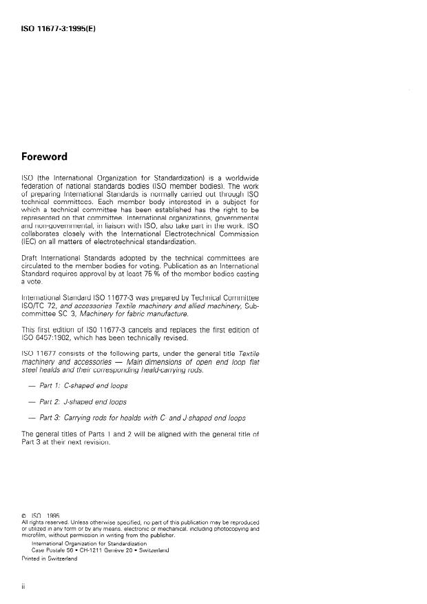 ISO 11677-3:1995 ISO 11677-3:1995 - Textile machinery and accessories -- Main dimensions of open end loop flat steel healds and their corresponding heald-carrying rods - Page 2 preview