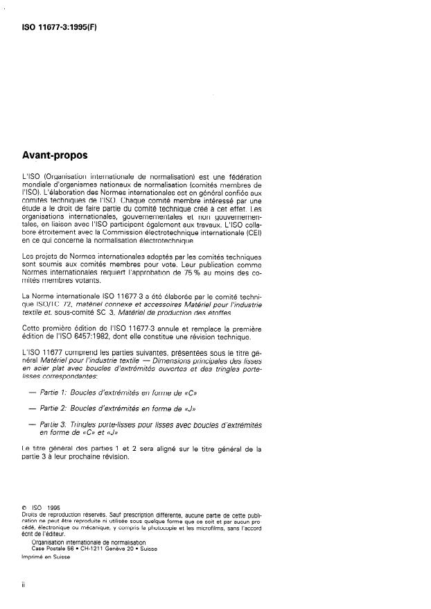 ISO 11677-3:1995 ISO 11677-3:1995 - Matériel pour l'industrie textile -- Dimensions principales des lisses en acier plat avec boucles d'extrémités ouvertes et des tringles porte-lisses correspondantes - Page 2 preview