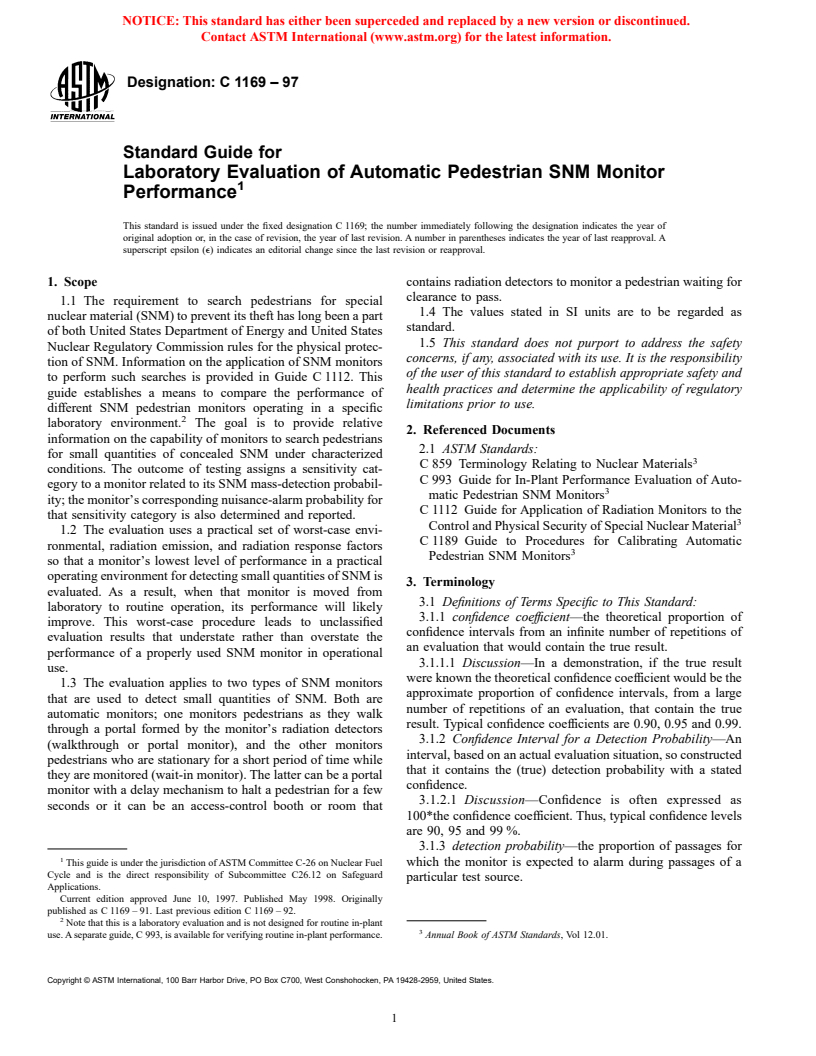 ASTM C1169-97 - Standard Guide for Laboratory Evaluation of Automatic Pedestrian SNM Monitor Performance