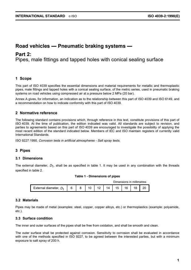 ISO 4039-2:1998 - Road vehicles -- Pneumatic braking systems