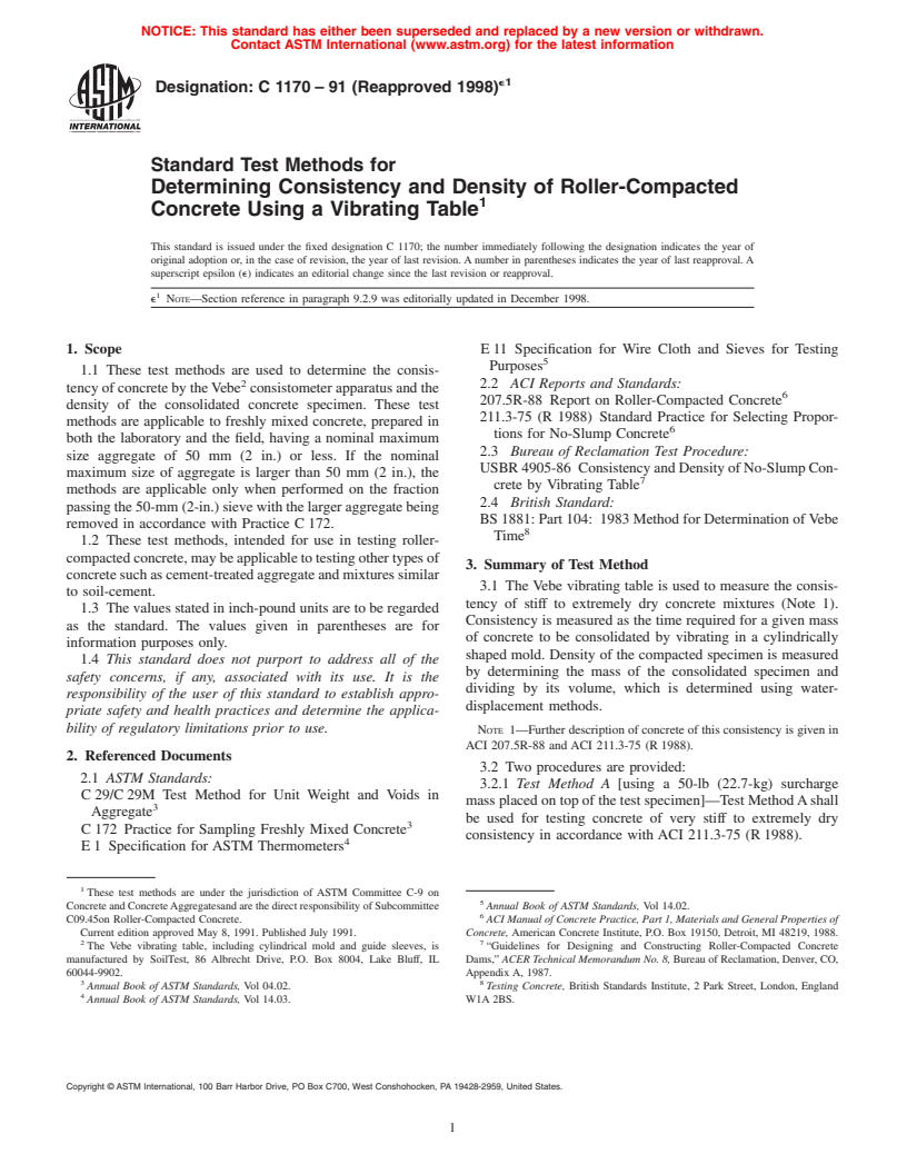 ASTM C1170-91(1998)e1 - Standard Test Methods for Determining Consistency and Density of Roller-Compacted Concrete Using a Vibrating Table