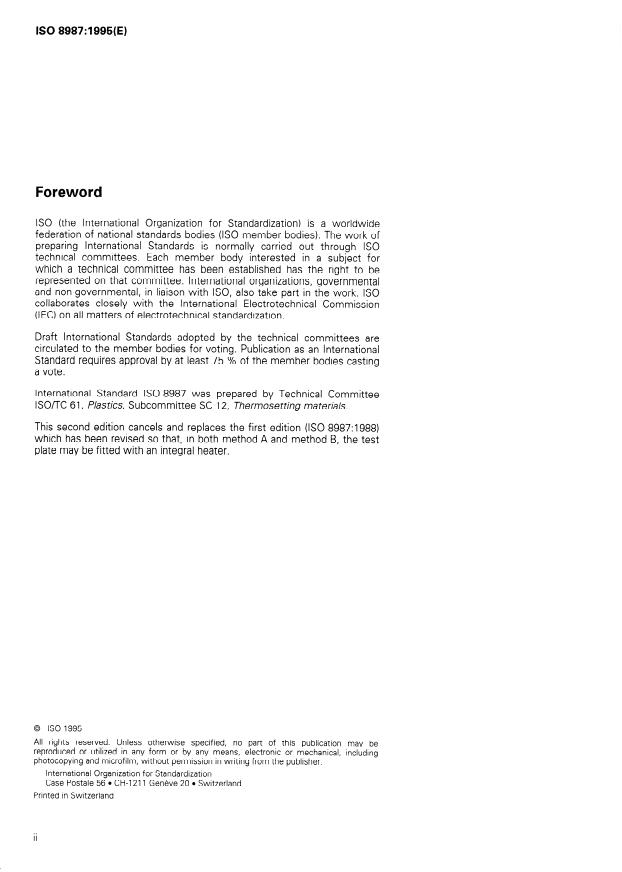 ISO 8987:1995 ISO 8987:1995 - Plastics -- Phenolic resins -- Determination of reactivity on a B-transformation test plate - Page 2 preview
