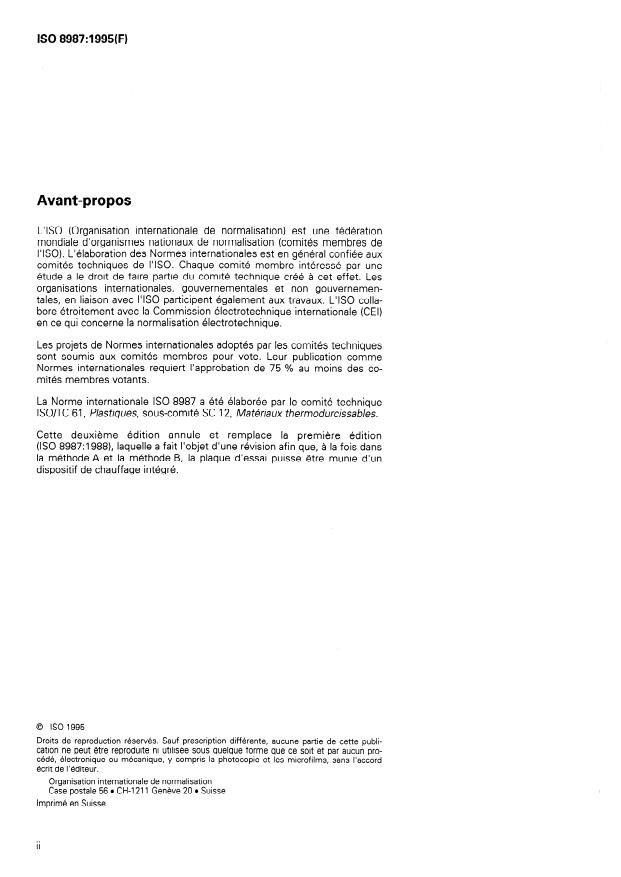 ISO 8987:1995 ISO 8987:1995 - Plastiques -- Résines phénoliques -- Méthode d'évaluation de la réactivité sur plaque d'essai de transformation au stade B - Page 2 preview