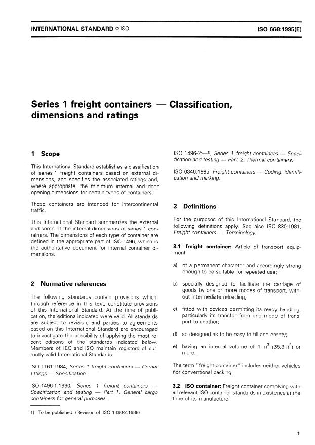 ISO 668:1995 - Series 1 freight containers -- Classification, dimensions and ratings