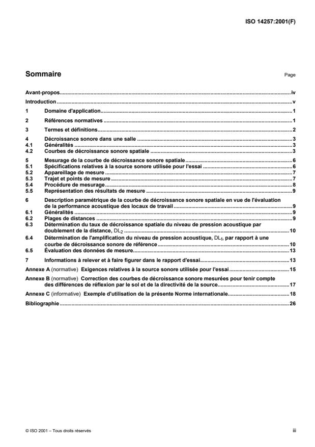 ISO 14257:2001 - Acoustique -- Mesurage et description paramétrique des courbes de décroissance sonore spatiale dans les locaux de travail en vue de l'évaluation de leur performance acoustique