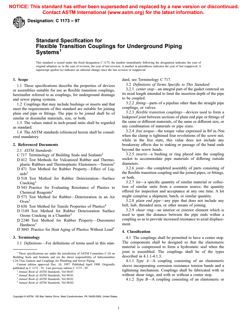 ASTM C1173-97 - Standard Specification for Flexible Transition Couplings for Underground Piping Systems