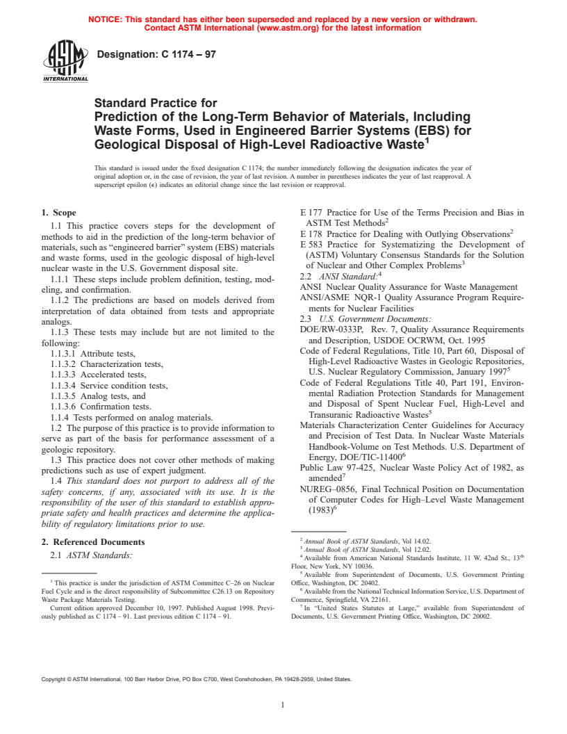 ASTM C1174-97 - Standard Practice for Prediction of the Long-Term Behavior of Waste Package Materials Including Waste Forms Used in the Geologic Disposal of High-Level Nuclear Waste