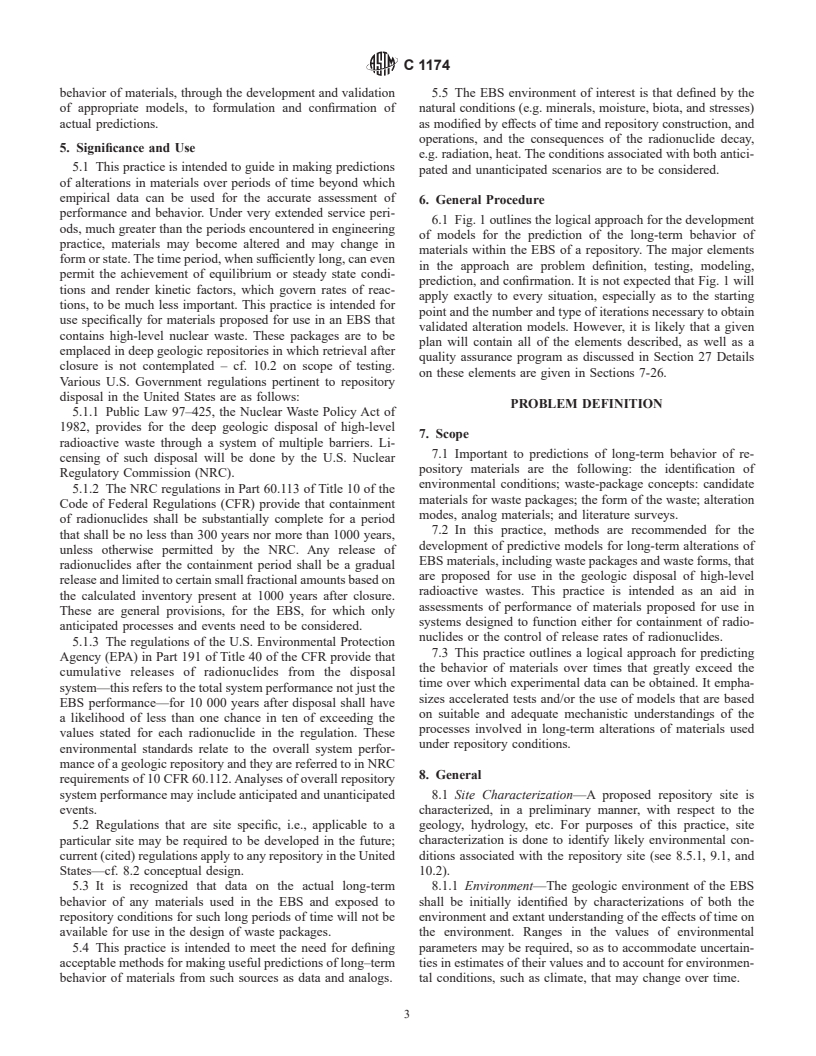 ASTM C1174-97 - Standard Practice for Prediction of the Long-Term Behavior of Waste Package Materials Including Waste Forms Used in the Geologic Disposal of High-Level Nuclear Waste